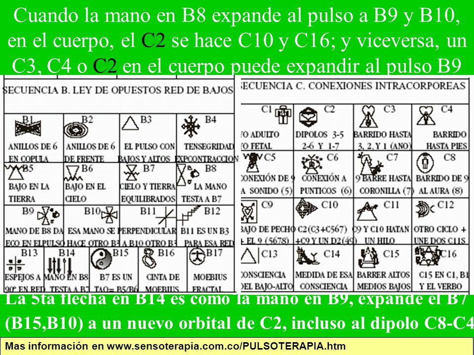 Cuando la mano en B8 expande al pulso a B9 y B10, en el cuerpo, el C2 se hace C10 y C16; y viceversa, un C3, C4 o C2 en el cuerpo puede expandir al pulso B9