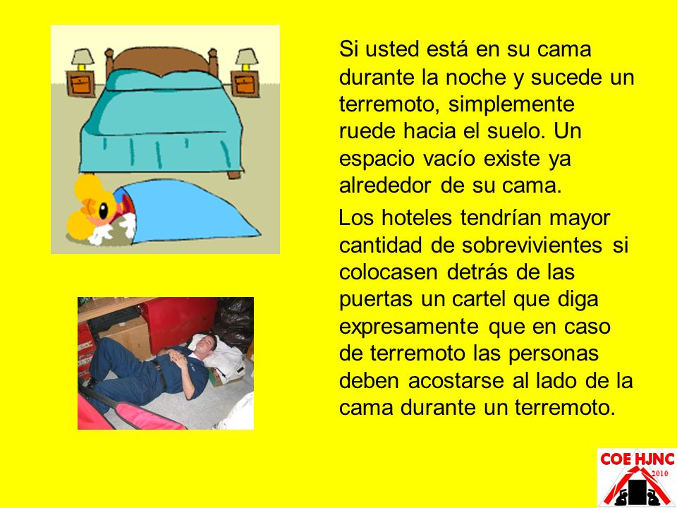 Si usted está en su cama durante la noche y sucede un terremoto, simplemente ruede hacia el suelo. Un espacio vacío existe ya alrededor de su cama.