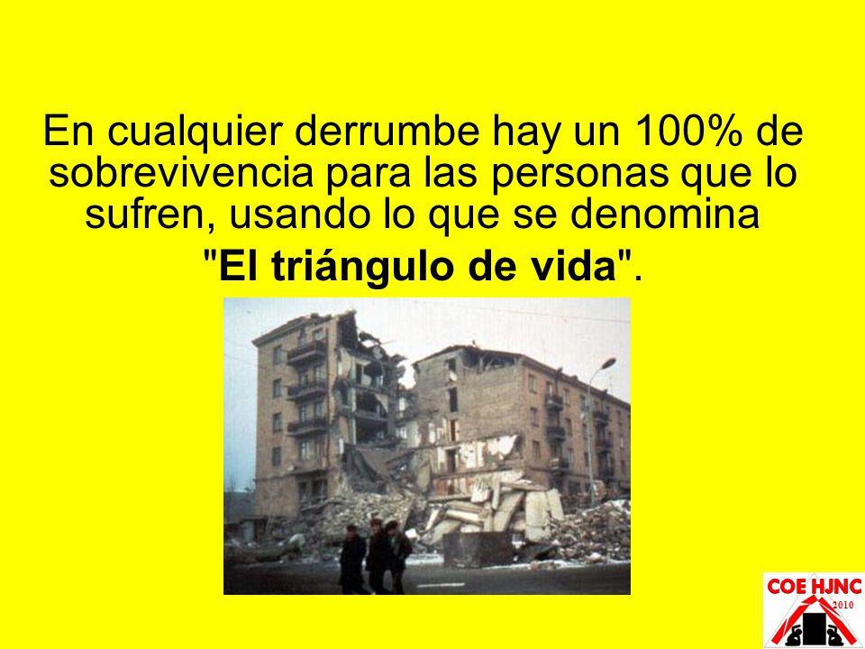 En cualquier derrumbe hay un 100% de sobrevivencia para las personas que lo sufren, usando lo que se denomina