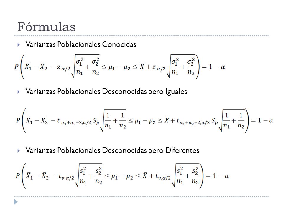 Fórmulas Varianzas Poblacionales Conocidas
