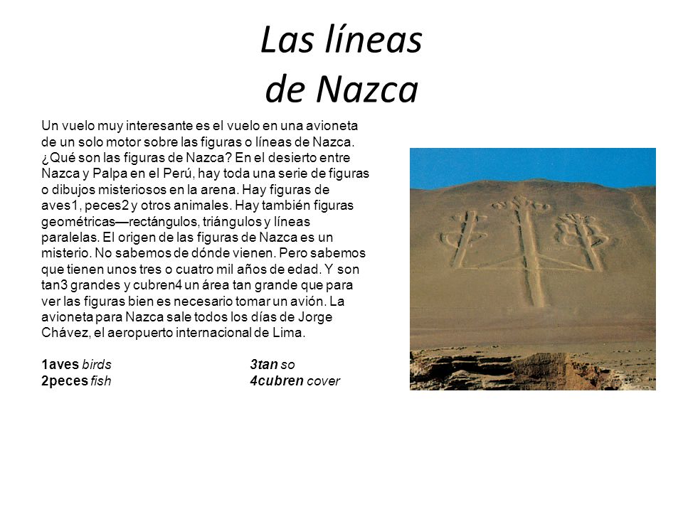 Las líneas de Nazca Un vuelo muy interesante es el vuelo en una avioneta. de un solo motor sobre las figuras o líneas de Nazca.