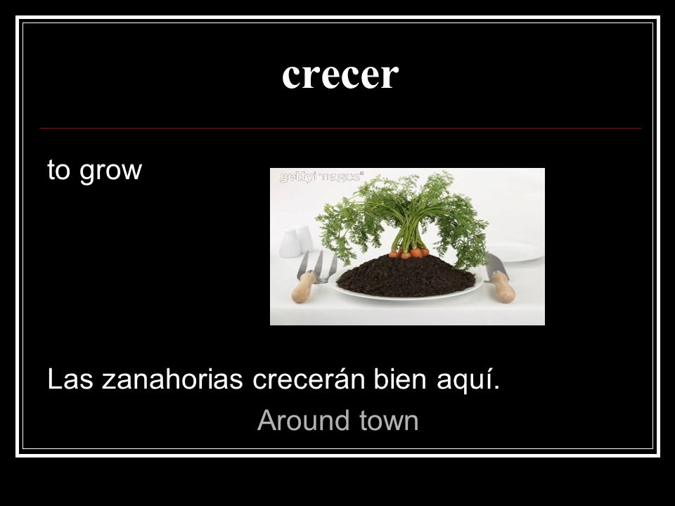crecer to grow Las zanahorias crecerán bien aquí. Around town