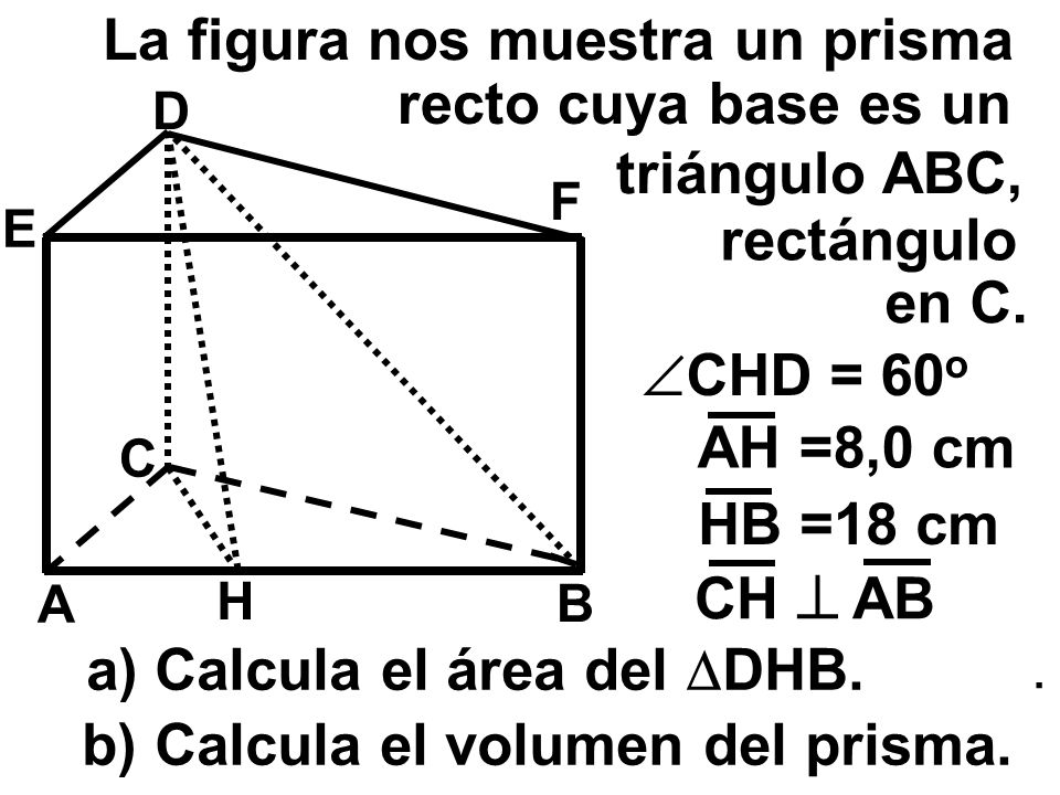 La figura nos muestra un prisma recto cuya base es un triángulo ABC,