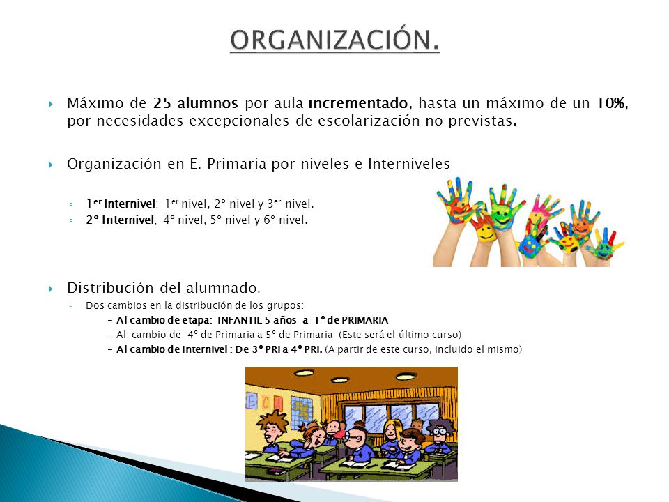 ORGANIZACIÓN. Máximo de 25 alumnos por aula incrementado, hasta un máximo de un 10%, por necesidades excepcionales de escolarización no previstas.