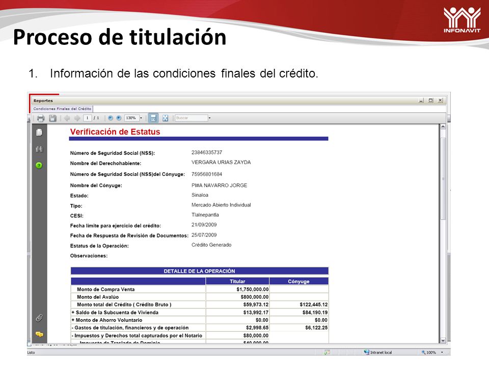 Proceso de titulación Información de las condiciones finales del crédito.