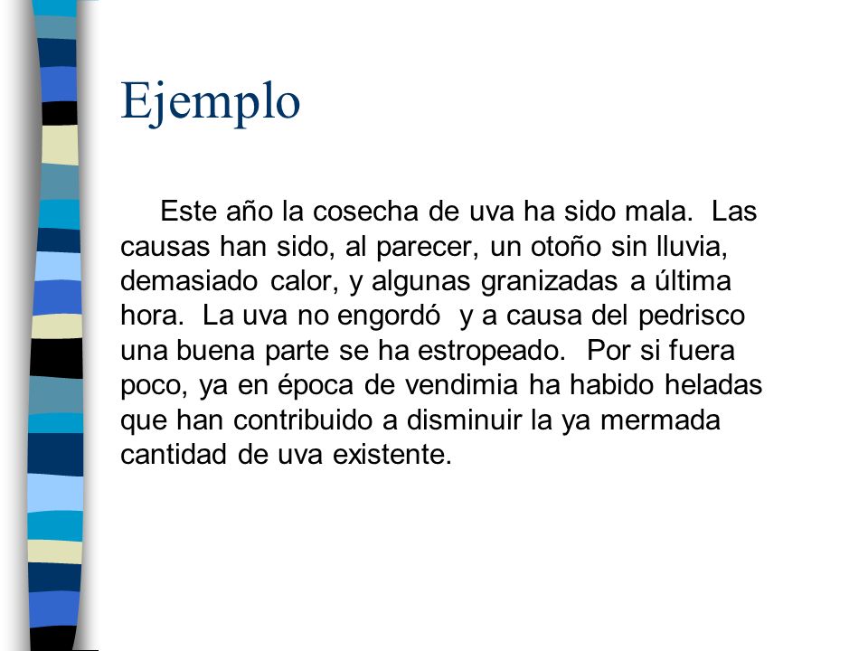 Ejemplo Este año la cosecha de uva ha sido mala. Las