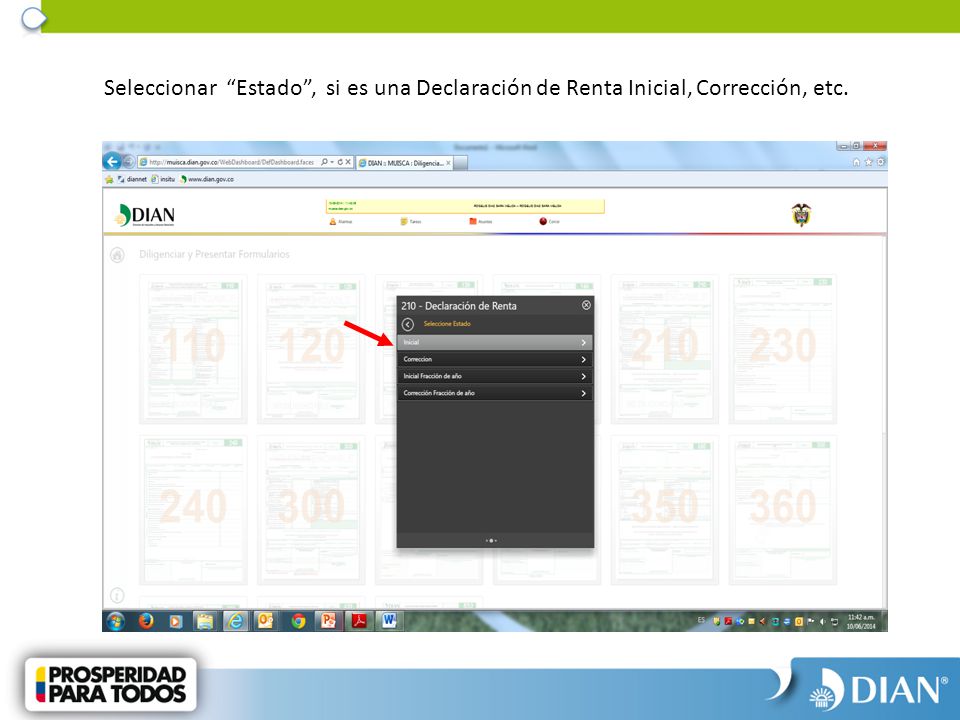Seleccionar Estado , si es una Declaración de Renta Inicial, Corrección, etc.