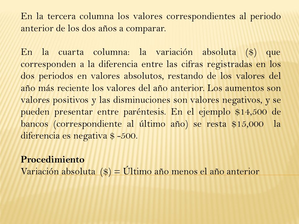En la tercera columna los valores correspondientes al periodo anterior de los dos años a comparar.