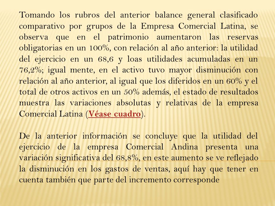 Tomando los rubros del anterior balance general clasificado comparativo por grupos de la Empresa Comercial Latina, se observa que en el patrimonio aumentaron las reservas obligatorias en un 100%, con relación al año anterior: la utilidad del ejercicio en un 68,6 y loas utilidades acumuladas en un 76,2%; igual mente, en el activo tuvo mayor disminución con relación al año anterior, al igual que los diferidos en un 60% y el total de otros activos en un 50% además, el estado de resultados muestra las variaciones absolutas y relativas de la empresa Comercial Latina (Véase cuadro).