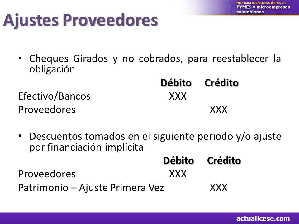 Ajustes Proveedores Cheques Girados y no cobrados, para reestablecer la obligación. Débito Crédito.