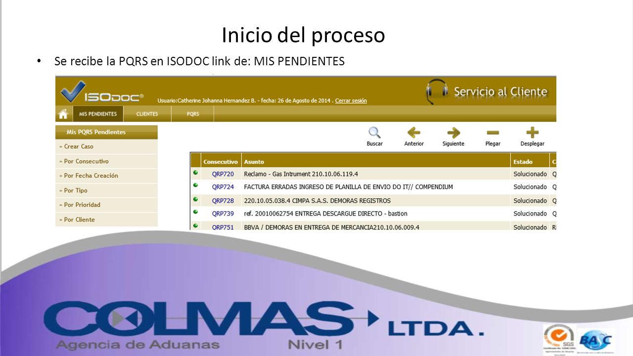 Inicio del proceso Se recibe la PQRS en ISODOC link de: MIS PENDIENTES