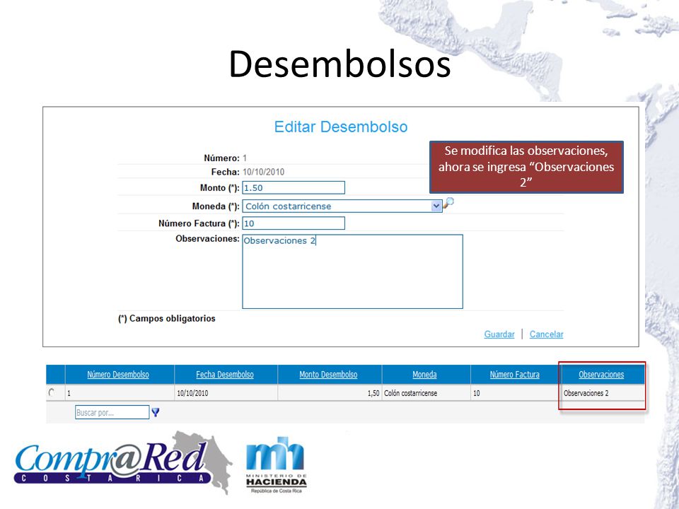 Se modifica las observaciones, ahora se ingresa Observaciones 2