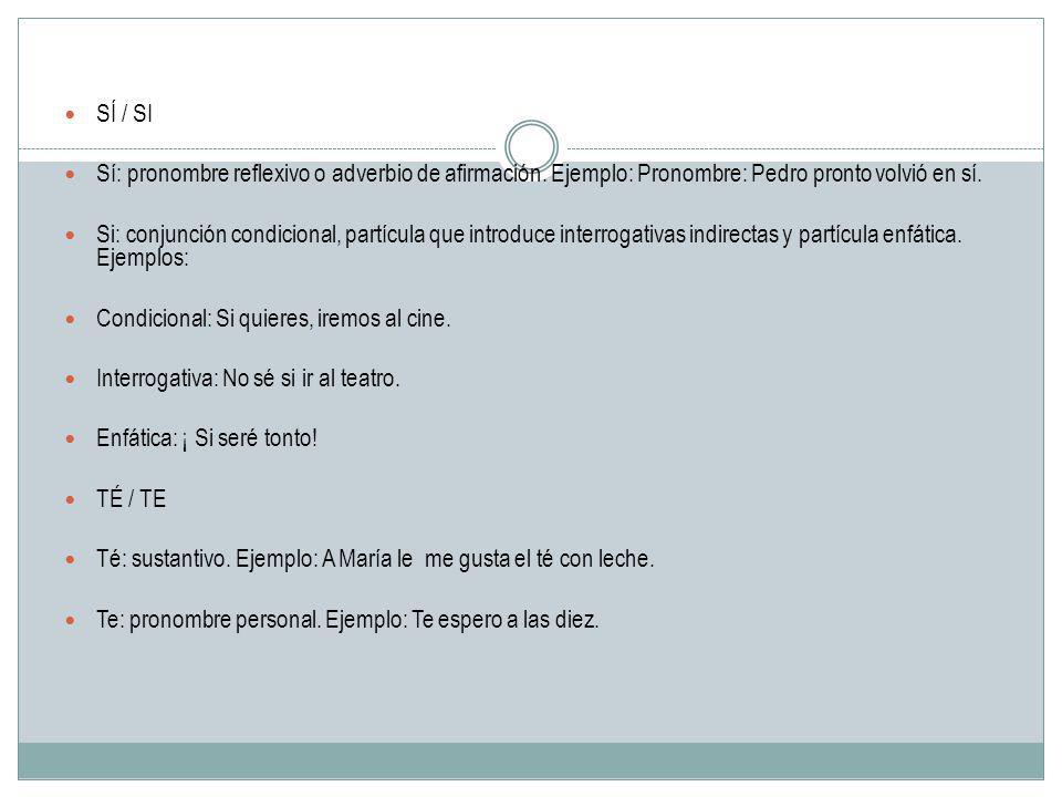 SÍ / SI Sí: pronombre reflexivo o adverbio de afirmación. Ejemplo: Pronombre: Pedro pronto volvió en sí.