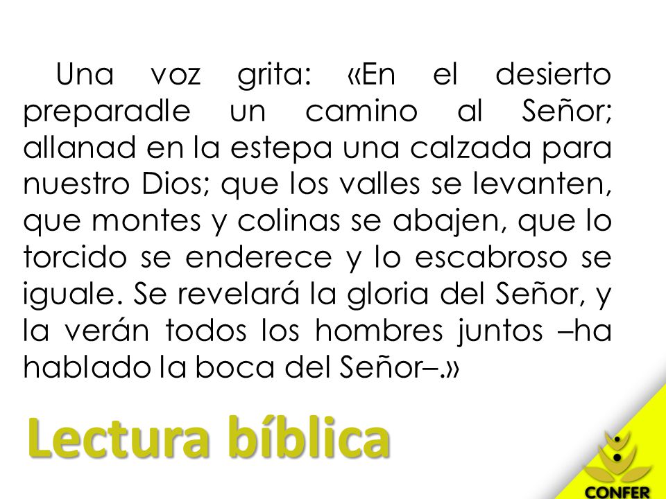 Una voz grita: «En el desierto preparadle un camino al Señor; allanad en la estepa una calzada para nuestro Dios; que los valles se levanten, que montes y colinas se abajen, que lo torcido se enderece y lo escabroso se iguale. Se revelará la gloria del Señor, y la verán todos los hombres juntos –ha hablado la boca del Señor–.»