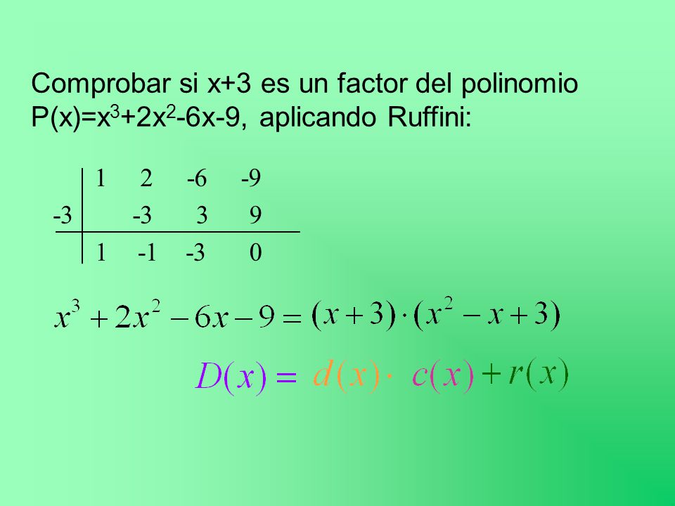 Comprobar si x+3 es un factor del polinomio P(x)=x3+2x2-6x-9, aplicando Ruffini: