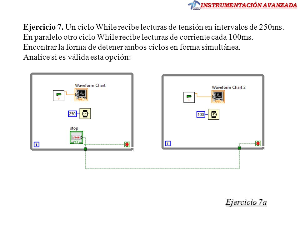 Ejercicio 7. Un ciclo While recibe lecturas de tensión en intervalos de 250ms. En paralelo otro ciclo While recibe lecturas de corriente cada 100ms. Encontrar la forma de detener ambos ciclos en forma simultánea.