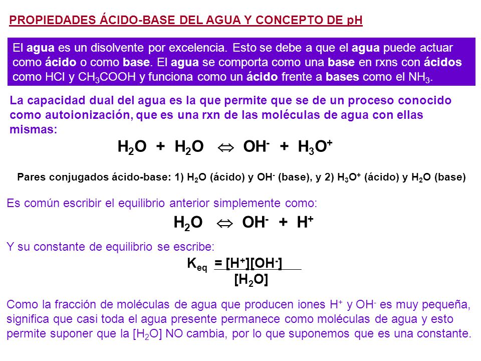 H2O + H2O  OH- + H3O+ H2O  OH- + H+ Keq = [H+][OH-] [H2O]