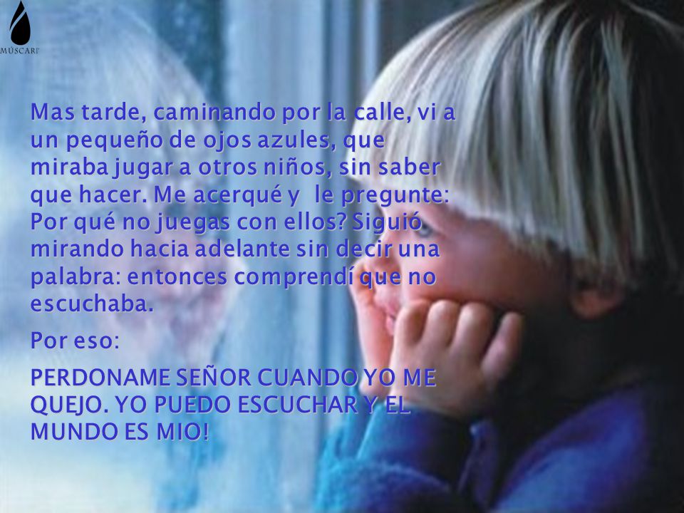 Mas tarde, caminando por la calle, vi a un pequeño de ojos azules, que miraba jugar a otros niños, sin saber que hacer. Me acerqué y le pregunte: Por qué no juegas con ellos Siguió mirando hacia adelante sin decir una palabra: entonces comprendí que no escuchaba.