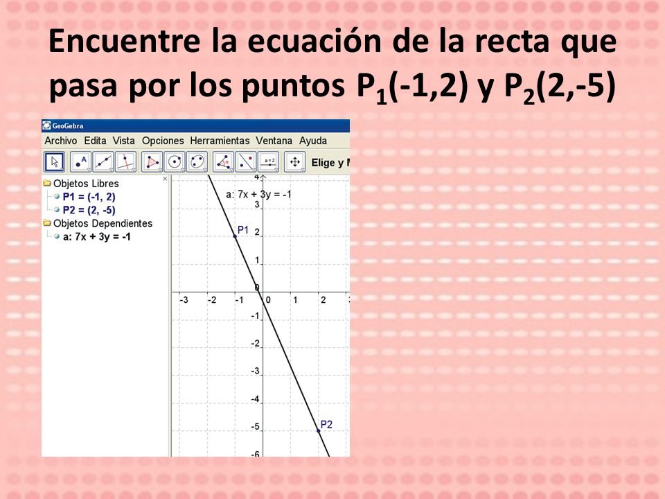 Encuentre la ecuación de la recta que pasa por los puntos P1(-1,2) y P2(2,-5)