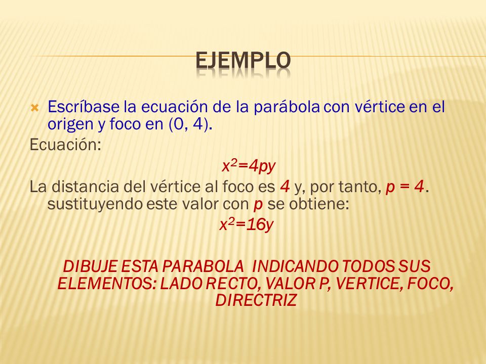 Ejemplo Escríbase la ecuación de la parábola con vértice en el origen y foco en (0, 4). Ecuación: x2=4py.