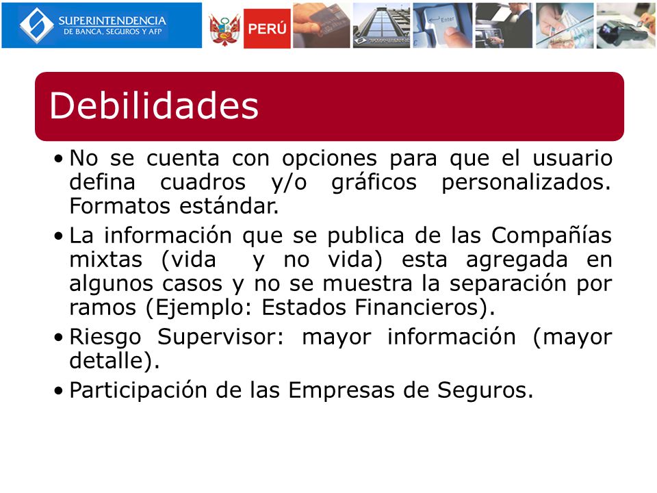 Debilidades No se cuenta con opciones para que el usuario defina cuadros y/o gráficos personalizados. Formatos estándar.