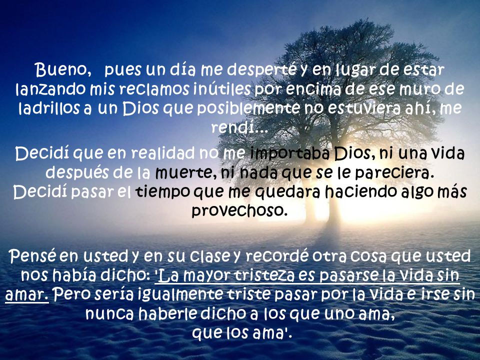 Bueno, pues un día me desperté y en lugar de estar lanzando mis reclamos inútiles por encima de ese muro de ladrillos a un Dios que posiblemente no estuviera ahí, me rendí...