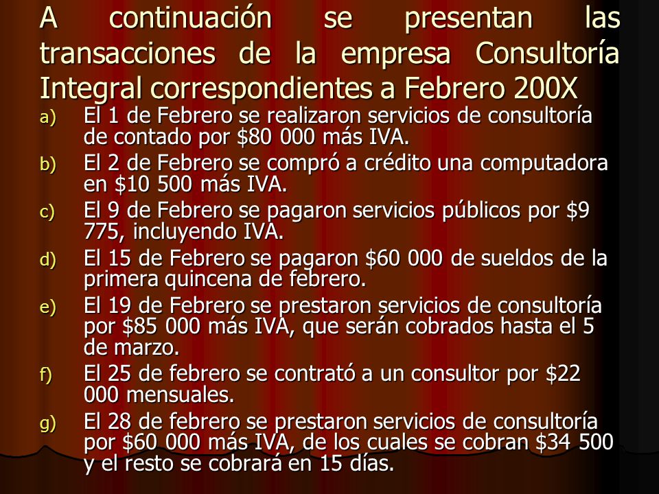 A continuación se presentan las transacciones de la empresa Consultoría Integral correspondientes a Febrero 200X