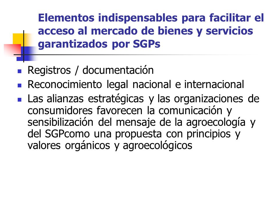 Elementos indispensables para facilitar el acceso al mercado de bienes y servicios garantizados por SGPs