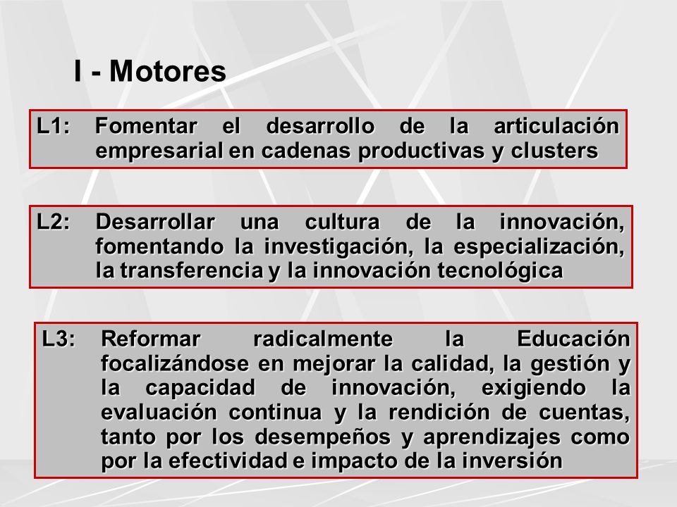 I - Motores L1: Fomentar el desarrollo de la articulación empresarial en cadenas productivas y clusters.