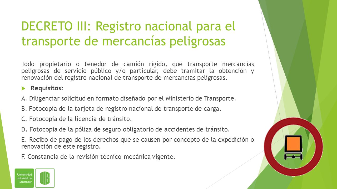 DECRETO III: Registro nacional para el transporte de mercancías peligrosas