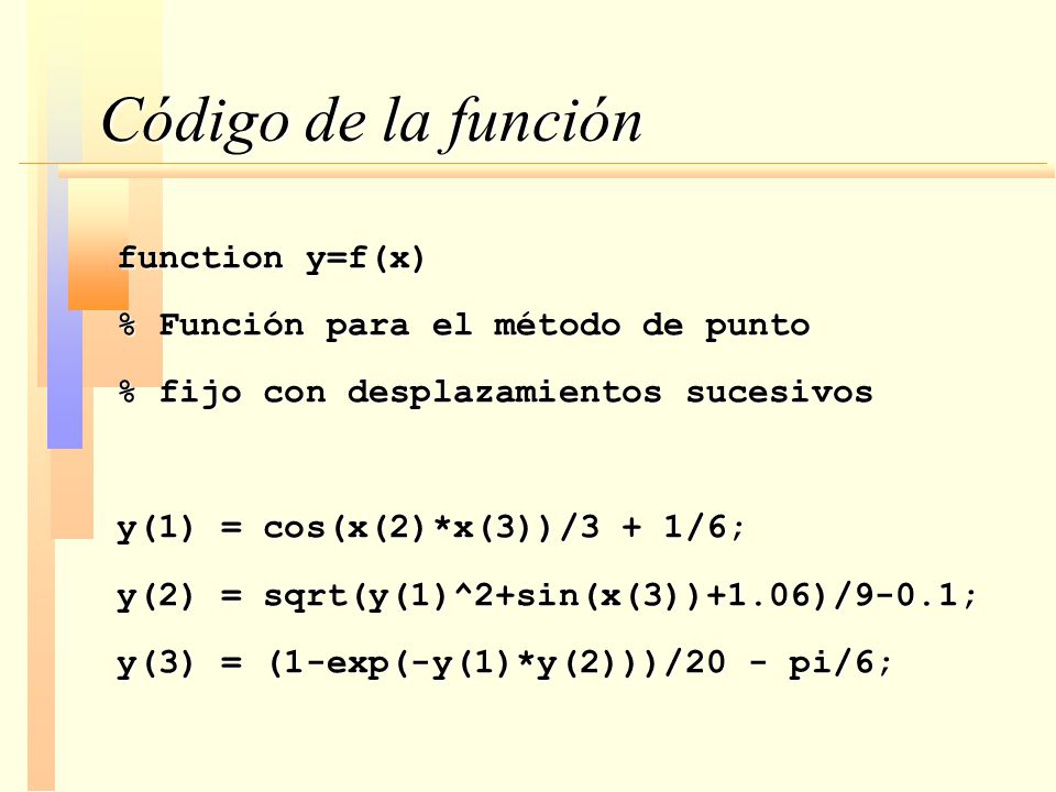 Código de la función function y=f(x) % Función para el método de punto