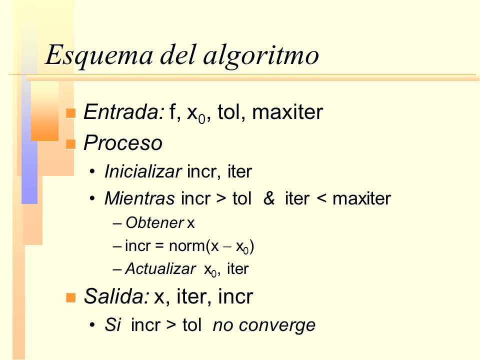 Esquema del algoritmo Entrada: f, x0, tol, maxiter Proceso