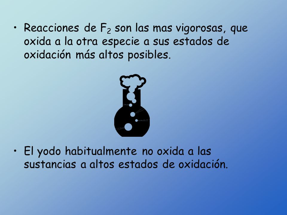 Reacciones de F2 son las mas vigorosas, que oxida a la otra especie a sus estados de oxidación más altos posibles.