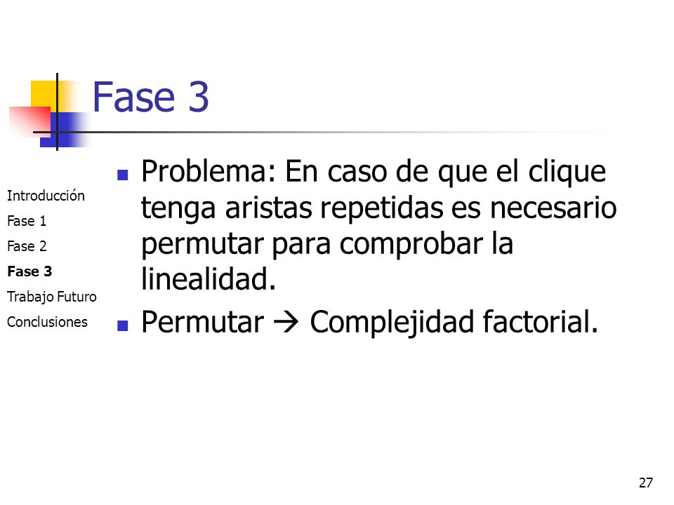 Fase 3 Problema: En caso de que el clique tenga aristas repetidas es necesario permutar para comprobar la linealidad.