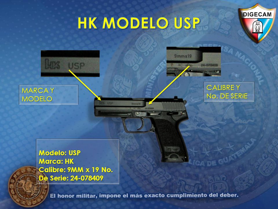HK MODELO USP CALIBRE Y No. DE SERIE MARCA Y MODELO Modelo: USP