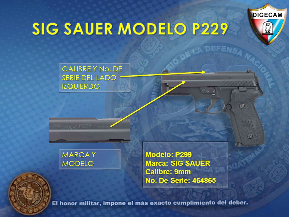 SIG SAUER MODELO P229 CALIBRE Y No. DE SERIE DEL LADO IZQUIERDO