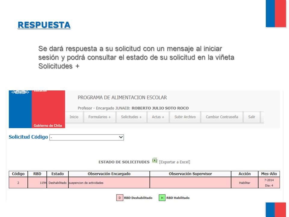 RESPUESTA Se dará respuesta a su solicitud con un mensaje al iniciar sesión y podrá consultar el estado de su solicitud en la viñeta Solicitudes +