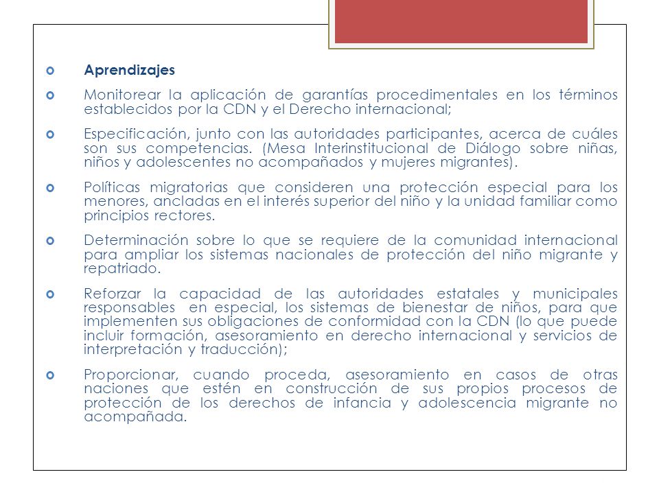 Aprendizajes Monitorear la aplicación de garantías procedimentales en los términos establecidos por la CDN y el Derecho internacional;