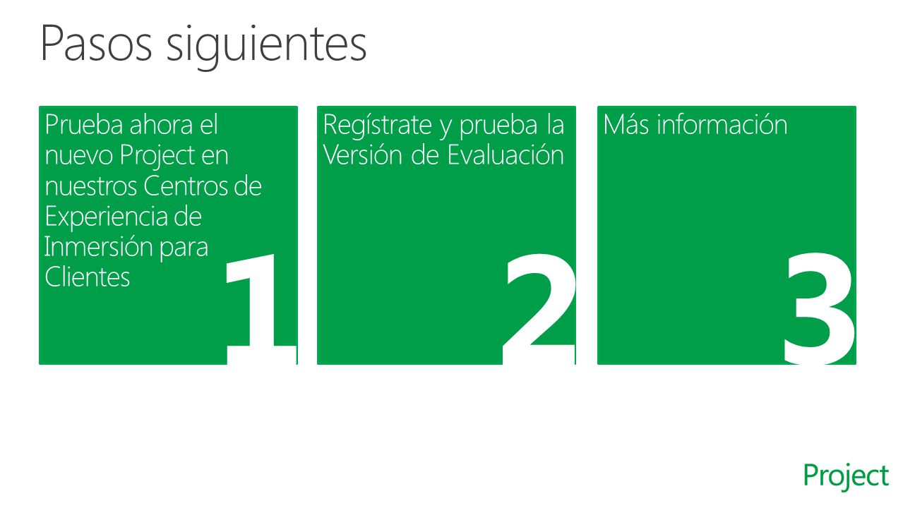 Microsoft Office 4/7/2017. Pasos siguientes. Prueba ahora el nuevo Project en nuestros Centros de Experiencia de Inmersión para Clientes.