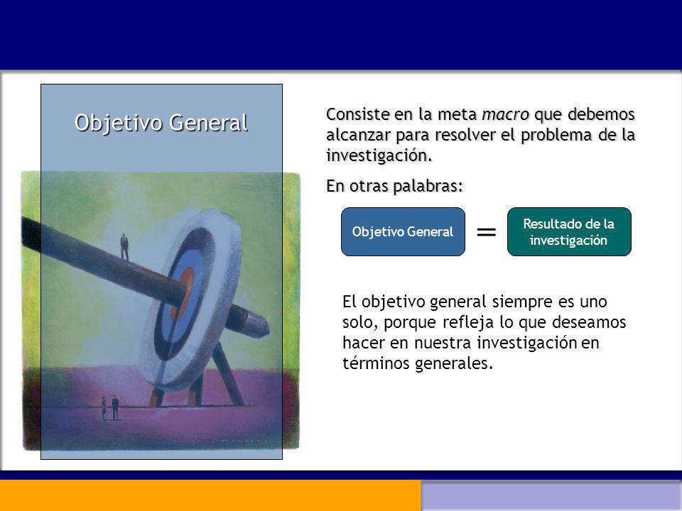 Objetivo General Consiste en la meta macro que debemos alcanzar para resolver el problema de la investigación.