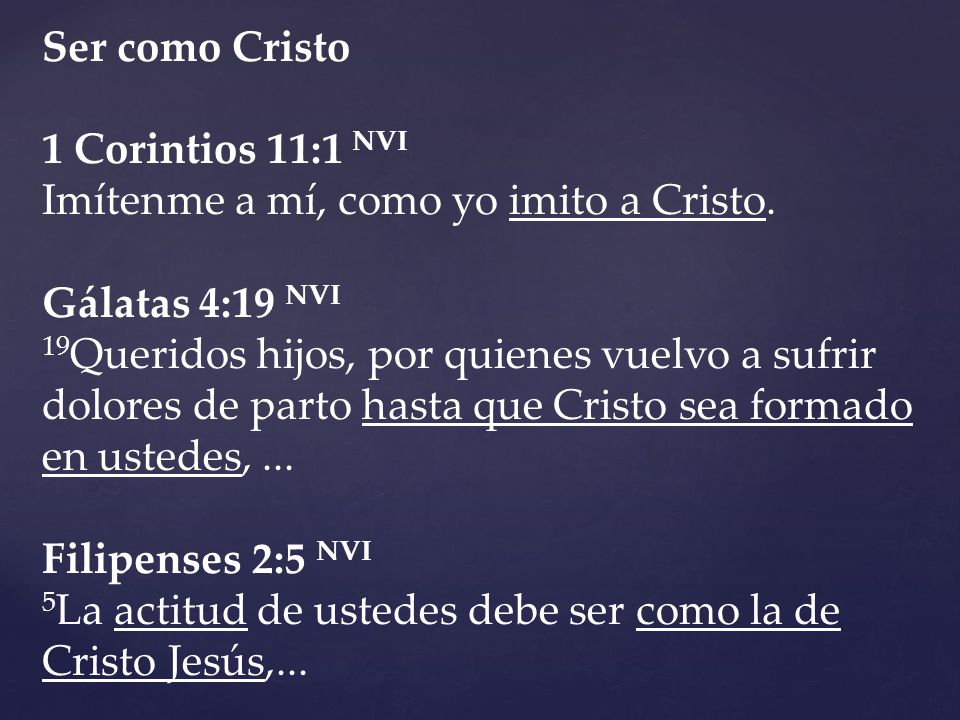 Ser como Cristo 1 Corintios 11:1 NVI Imítenme a mí, como yo imito a Cristo.
