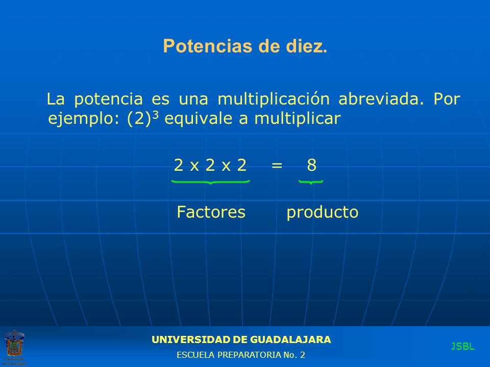Potencias de diez. La potencia es una multiplicación abreviada. Por ejemplo: (2)3 equivale a multiplicar.