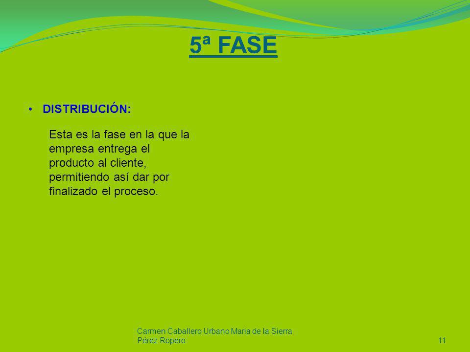 5ª FASE DISTRIBUCIÓN: Esta es la fase en la que la empresa entrega el producto al cliente, permitiendo así dar por finalizado el proceso.