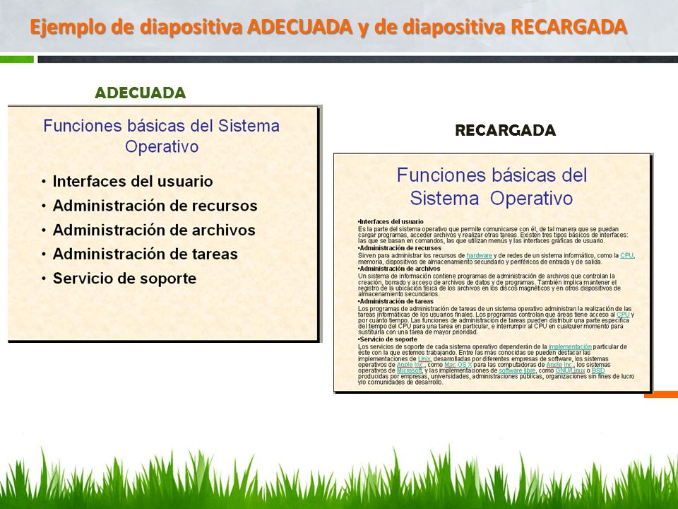 Ejemplo de diapositiva ADECUADA y de diapositiva RECARGADA