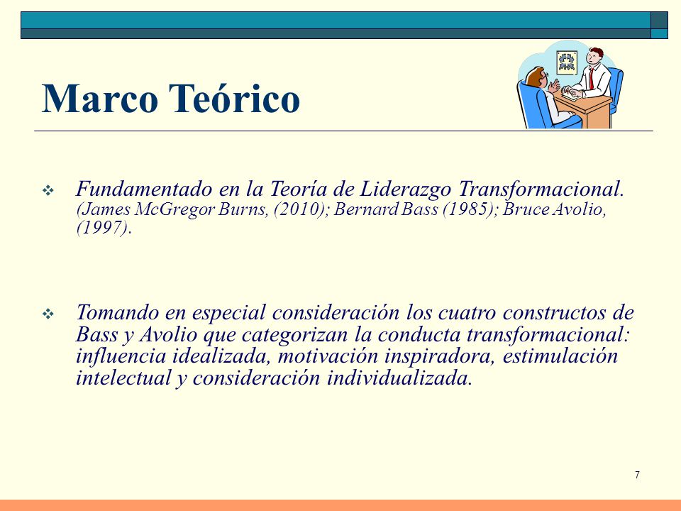 Marco Teórico Fundamentado en la Teoría de Liderazgo Transformacional. (James McGregor Burns, (2010); Bernard Bass (1985); Bruce Avolio, (1997).
