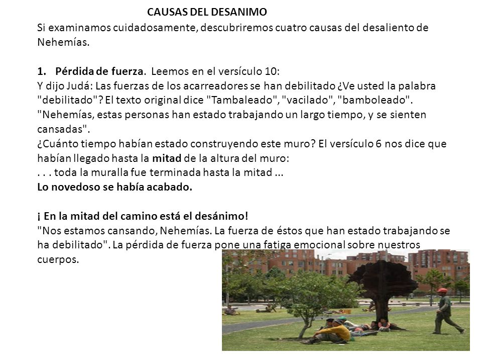 CAUSAS DEL DESANIMO Si examinamos cuidadosamente, descubriremos cuatro causas del desaliento de Nehemías.