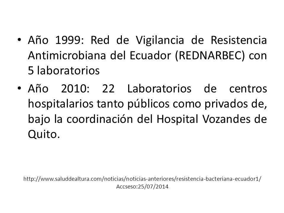 Año 1999: Red de Vigilancia de Resistencia Antimicrobiana del Ecuador (REDNARBEC) con 5 laboratorios