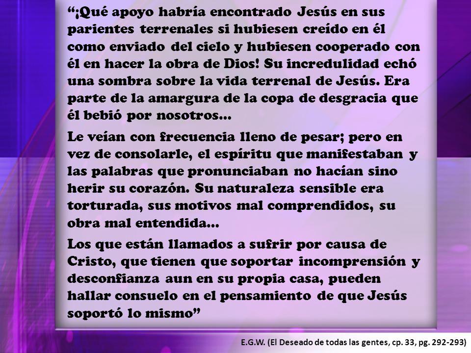 ¡Qué apoyo habría encontrado Jesús en sus parientes terrenales si hubiesen creído en él como enviado del cielo y hubiesen cooperado con él en hacer la obra de Dios! Su incredulidad echó una sombra sobre la vida terrenal de Jesús. Era parte de la amargura de la copa de desgracia que él bebió por nosotros…