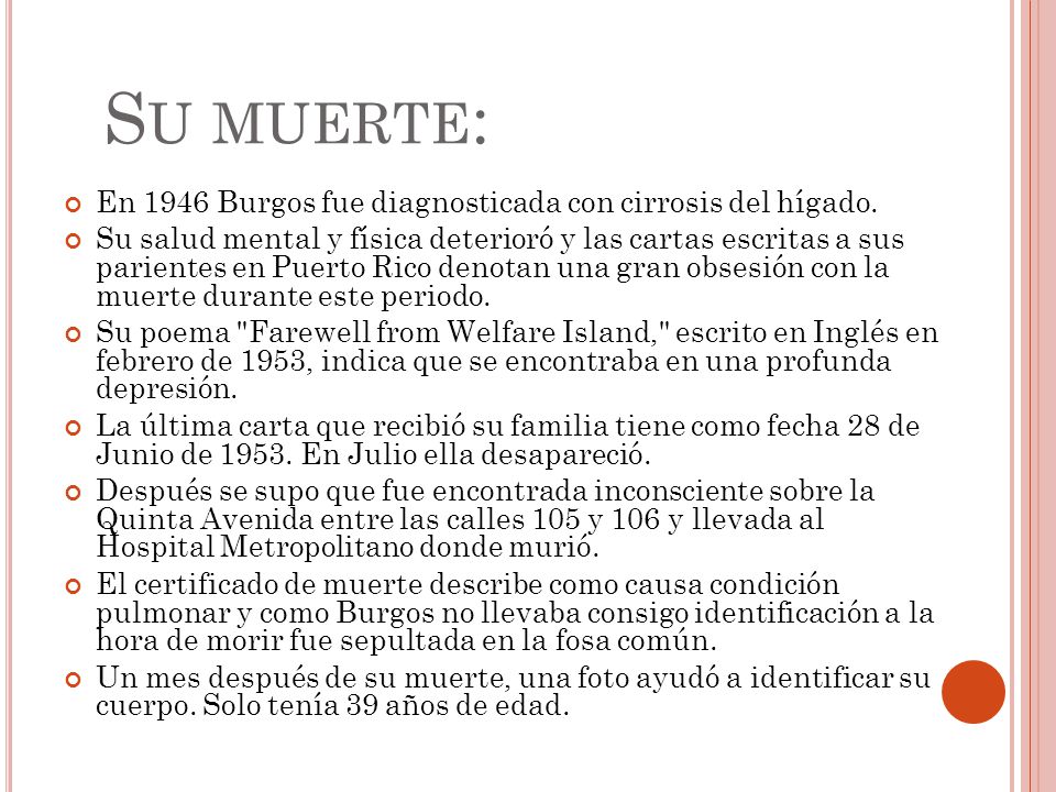 Su muerte: En 1946 Burgos fue diagnosticada con cirrosis del hígado.