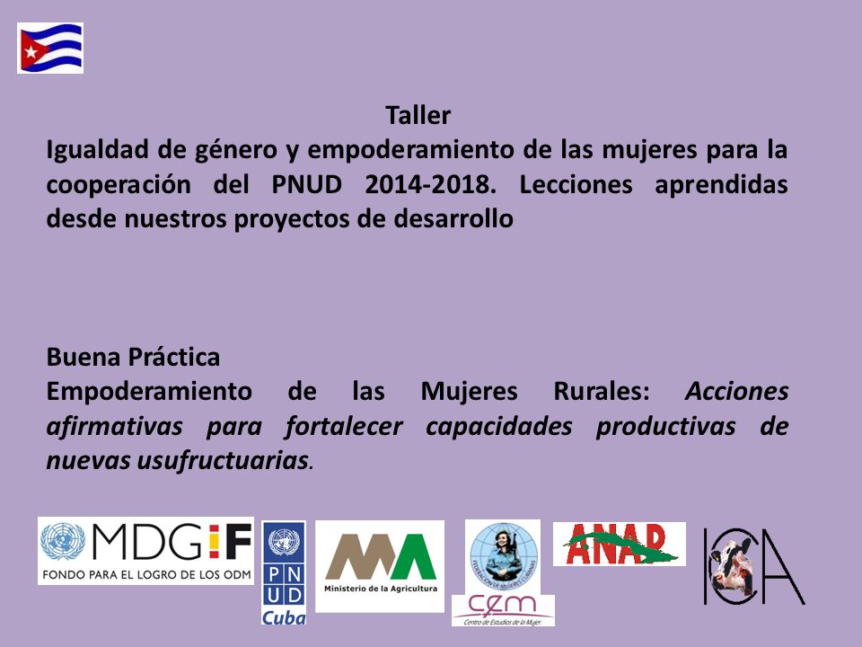 Taller Igualdad de género y empoderamiento de las mujeres para la cooperación del PNUD Lecciones aprendidas desde nuestros proyectos de desarrollo
